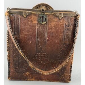 Antique Purse Art Nouveau Tooled Leather Embossed Floral Turnloc Brass Frame